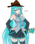  1girl alternate_hairstyle animal aqua_eyes aqua_hair aqua_necktie black_skirt black_thighhighs breasts english_commentary english_text fedora grey_shirt hair_ornament hairclip hands_on_own_hips hat hatsune_miku highres looking_at_viewer medium_breasts miniskirt necktie perry_the_platypus phineas_and_ferb raised_eyebrow shirt skirt thighhighs twintails vivianvalenart vocaloid white_background 