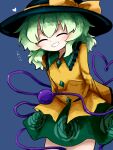  1girl black_hat blue_background buttons closed_eyes commentary_request contrast_collar cowboy_shot diamond_button eyeball floral_print frilled_shirt_collar frilled_sleeves frills green_hair green_skirt grin hat hat_ribbon heart heart_of_string heripantomorrow komeiji_koishi long_sleeves print_skirt ribbon rose_print shirt skirt smile standing third_eye touhou translation_request wide_sleeves yellow_ribbon yellow_shirt 