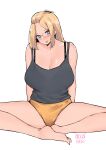  1girl artist_name bangs_pinned_back bare_shoulders barefoot black_bra blonde_hair blue_eyes blush bra bra_strap breasts cleavage folded_hair glasses grey_tank_top hair_pulled_back highres inne_sulistya_robin large_breasts long_hair norman_maggot original shorts sitting tank_top thighs toes tongue tongue_out underwear white_background yellow_shorts 
