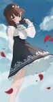  1girl absurdres badge beret black_dress black_hat bow brown_hair button_badge cloud day dress ehen_yyy feet_out_of_frame hair_bow hand_up hat hat_bow highres holding holding_letter letter long_sleeves medium_hair nanami_(virtuareal) nijisanji outdoors petals see-through_clothes see-through_sleeves standing virtual_youtuber virtuareal 
