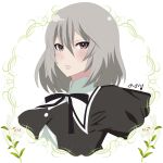  1girl artist_name assault_lily black_ribbon blush border commentary_request cropped_arms cropped_jacket cropped_torso dokudami_kagari flower green_border grey_hair hair_between_eyes hata_matsuri highres inset_border long_bangs looking_at_viewer medium_hair neck_ribbon ornate_border parted_lips purple_eyes ribbon school_uniform solo upper_body white_background white_flower yurigaoka_girls_academy_school_uniform 