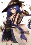  1girl absurdres arm_up black_headwear blue_eyes blue_hair blush braid eyebrows_visible_through_hair hat highres long_hair long_sleeves looking_at_viewer mushoku_tensei onigirisss roxy_migurdia smile solo twin_braids twitter_username very_long_hair witch_hat 