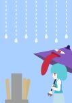  1girl blue_background blue_hair closed_mouth commentary_request from_side hashi_mountain highres holding holding_umbrella karakasa_obake long_sleeves no_lineart purple_umbrella red_eyes short_hair solo sotoba tatami tatara_kogasa tombstone tongue touhou umbrella water_drop 
