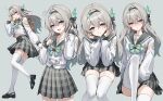  ! 1girl aqua_bow aqua_bowtie aqua_hairband backpack bag black_bow black_hairband black_ribbon black_shoes blue_pupils blush bow bowtie bread bread_slice breasts brown_bag buttons closed_mouth collarbone commentary crop_top double-breasted duplicate english_commentary eyebrows_hidden_by_hair eyes_visible_through_hair feather_hair_ornament feathers firefly_(honkai:_star_rail) firefly_(spring_missive)_(honkai:_star_rail) food food_in_mouth gradient_hair green_background green_bow green_bowtie green_hair grey_background grey_hair grey_hairband grey_sailor_collar grey_skirt hair_between_eyes hair_bow hair_ornament hair_ribbon hairband hand_on_own_face hand_up hands_up highres honkai:_star_rail honkai_(series) invisible_chair knee_up loafers long_hair long_sleeves looking_at_viewer lunacle medium_breasts mouth_hold multicolored_hair multiple_views notice_lines open_mouth pixel-perfect_duplicate plaid_clothes plaid_skirt pleated_skirt purple_eyes ribbon ribbon-trimmed_bow ribbon_trim sailor_collar school_bag shirt shoes simple_background sitting skirt small_breasts smile solo standing thighhighs thighs toast toast_in_mouth white_bow white_bowtie white_shirt white_thighhighs zettai_ryouiki 