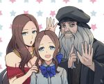  1boy 2girls blue_bow blue_bowtie blue_eyes blush bow bowtie breasts brown_hair cleavage dated dress facial_hair fate/grand_order fate_(series) grin hair_bow hsin large_breasts leonardo_da_vinci leonardo_da_vinci_(fate) leonardo_da_vinci_(formal_dress)_(fate) leonardo_da_vinci_(rider)_(fate) long_hair looking_at_viewer multiple_girls multiple_persona official_alternate_costume old old_man open_mouth ponytail real_life red_dress sidelocks smile star_(symbol) star_symbol_background timestamp 