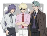  +++ 3boys beard black_jacket black_necktie black_pants black_ribbon blank_speech_bubble blonde_hair border brown_coat challia_bull char_aznable closed_eyes closed_mouth coat coat_on_shoulders collared_shirt commentary_request cowboy_shot crossed_arms facial_hair garma_zabi grey_background grin gundam gundam_gihren_no_yabou gundam_gquuuuuux hair_over_one_eye hand_in_pocket hand_on_another&#039;s_shoulder hand_on_own_chin hand_on_own_thigh hand_up jacket lapels long_hair long_sleeves looking_at_another male_focus multiple_boys mustache neck_ribbon necktie notched_lapels open_clothes open_jacket open_mouth outline outside_border pants pink_shirt purple_hair purple_vest red_necktie ribbon shirt shirt_tucked_in short_hair simple_background smile speech_bubble sunglasses thick_eyebrows togiisiw u_u very_long_hair vest white_border white_outline white_pants white_shirt wing_collar 