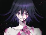  1boy bangs black_background black_hair blood bloody_weapon bruise danganronpa_(series) danganronpa_v3:_killing_harmony evil_grin evil_smile fangs grin hair_between_eyes half-closed_eye hand_up highres holding holding_knife index_finger_raised injury knife looking_at_viewer lysm425 male_focus ouma_kokichi pink_blood portrait purple_hair shirt short_hair smile solo torn_clothes torn_shirt weapon white_shirt 