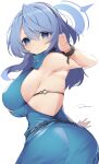  absurdres ako_(blue_archive) ako_(dress)_(blue_archive) armpits backless_dress backless_outfit blue_archive blue_dress blue_hair blue_halo blush breasts cuffs dress evening_gown hair_between_eyes halo handcuffs highres jam_(jamjam777) large_breasts long_hair looking_back official_alternate_costume official_alternate_hairstyle simple_background single_handcuff white_background 