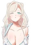  1girl absurdres bikini blush breasts caricariume ceras_yanagida_lilienfeld cleavage collarbone commentary_request cone_hair_bun day double_bun dress frilled_bikini frills grey_hair hair_bun hasu_no_sora_school_uniform highres i_do_me!_(love_live!) large_breasts link!_like!_love_live! looking_at_viewer love_live! official_alternate_hairstyle one_eye_closed open_clothes open_dress open_mouth school_uniform simple_background single_bare_shoulder single_off_shoulder sky solo string_bikini summer_uniform swimsuit unfinished upper_body virtual_youtuber wet white_background white_bikini white_dress 