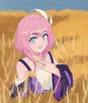  1girl :d bare_shoulders blue_eyes cyrene_(honkai:_star_rail) dress hair_ribbon hand_on_own_chest highres honkai:_star_rail honkai_(series) jewelry looking_at_viewer necklace off-shoulder_dress off_shoulder open_mouth pink_hair purple_dress ribbon short_hair smile solo tsutsu_type upper_body white_ribbon 