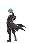  1boy bare_shoulders black_coat black_pants black_shirt black_shoes blue_eyes blue_hair closers coat from_behind full_body highres looking_at_viewer looking_back male_focus mask mouth_mask nata_(closers) off_shoulder official_art pants shirt shoes short_hair simple_background sleeveless sleeveless_shirt solo standing white_background 