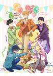  5boys :d arm_behind_back arms_up balloon birthday birthday_cake black_eyes black_hair blonde_hair blue_jacket blue_pants blueberry blunt_bangs blush_stickers bow bowtie box box_stack brothers brown_pants brown_shoes brown_vest buttons cake chinese_commentary chinese_text closed_eyes closed_mouth coldming12 collared_shirt commentary_request confetti crown dated dress_pants dress_shirt dress_shoes ekubo_(mob_psycho_100) food formal_clothes fruit full_body gift gift_box green_jacket green_suit grey_pants grin hanazawa_teruki happy_birthday heart heart_balloon highres holding holding_cake holding_food jacket kageyama_ritsu kageyama_shigeo knee_up lapels layered_clothes long_sleeves looking_at_another looking_at_viewer looking_back male_focus mini_crown mob_psycho_100 multiple_boys necktie notched_lapels open_clothes open_jacket open_mouth orange_bow orange_bowtie orange_jacket orange_necktie outstretched_arms pants peaked_lapels pennant pink_jacket pink_shoes platform presenting purple_bow purple_bowtie purple_jacket purple_lips purple_necktie purple_pants purple_shirt red_sash reigen_arataka sash serizawa_katsuya shirt shoelaces shoes short_hair shoulder_sash siblings smile spiked_hair spirit squatting standing star_(symbol) strawberry striped_clothes striped_jacket striped_pants suit tailcoat twitter_username v vertical-striped_background vertical-striped_clothes vertical-striped_jacket vertical-striped_pants vest white_shirt white_shoes white_vest wing_collar wingtip_collar 
