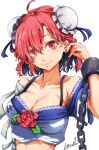  absurdres ahoge breasts bun_cover cardigan cleavage closed_mouth collarbone commentary_request cuffs double_bun hair_bun hand_in_own_hair highres ibaraki_kasen large_breasts nuru_himmel pink_cardigan pink_hair shackles short_hair signature simple_background smile touhou upper_body variant_set white_background 