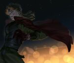  1boy bishounen blonde_hair blood blood_on_face blood_on_hands cape city_lights dio_brando ear_birthmark earrings highres jewelry jojo_no_kimyou_na_bouken long_hair male_focus night night_sky outdoors red_cape red_eyes shira_jdj sky solo stardust_crusaders vampire 