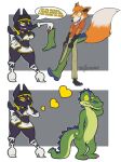 absurd_res alpha_channel ankh ankhmara anthro black_body black_fur body_transformation boots brown_body brown_fur canid canine canis clothing comic crocodile crocodilian english_text female footwear footwear_transformation fox fur gold_(metal) gold_jewelry green_body green_scales hi_res jackal jdxtreme jewelry mammal red_body red_fur reptile scales scalie shoes species_transformation text toony transformation