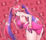  1girl absurdres ahoge backless_dress backless_outfit bent_over blush breasts colored_inner_hair dress from_behind glove_cutout gloves green_eyes hair_ornament half_gloves hand_on_own_ass highres large_breasts long_hair looking_at_viewer looking_back mahjong_fight_girl mitsumoto_dia mole mole_under_eye multicolored_hair parted_lips pink_dress pink_gloves pink_hair purple_hair short_dress showers-u sideboob solo twintails two-tone_hair very_long_hair 