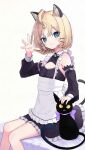  1girl animal animal_ears apron bare_legs bell black_cat blonde_hair breasts cat cat_ears cat_girl cat_tail cleavage_cutout clothing_cutout ethyria green_eyes highres jingle_bell maid maid_apron medium_hair millie_parfait nijisanji nijisanji_en sitting small_breasts solo stmnspr tail virtual_youtuber 