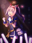  1girl :d absurdres animal_ears blue_shirt bow clenched_hands commentary_request ear_bow flower-shaped_pupils glorious_azure_costume_(umamusume) gloves glowstick hair_between_eyes hairband hands_up haru_urara_(umamusume) highres horse_ears horse_girl horse_tail layered_skirt looking_at_viewer moko39_takasora pink_hair pleated_skirt ponytail puffy_short_sleeves puffy_sleeves purple_eyes red_hairband shirt short_sleeves skirt smile solo standing symbol-shaped_pupils tail umamusume v-shaped_eyebrows white_bow white_gloves white_skirt 