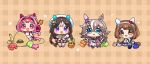  4girls :d asymmetrical_gloves black_boots black_gloves blush_stickers boots braid brown_background brown_eyes brown_hair bucket buruma chibi commentary_request crown_braid dress fingerless_gloves flower-shaped_pupils gloves gym_shirt gym_uniform haru_urara_(umamusume) heart highres hokko_tarumae_(umamusume) holding holding_plate horseshoe jacket low_twintails mismatched_gloves moko39_takasora multicolored_hair multiple_girls notice_lines open_clothes open_jacket pink_hair pink_jacket plaid_background plate pleated_skirt purple_eyes red_buruma red_gloves sand sand_sculpture shirt shoe_soles shoes sitting skirt smile socks striped_clothes striped_socks symbol-shaped_pupils trowel twin_braids twintails two-tone_hair umamusume white_dress white_gloves white_hair white_jacket white_shirt white_shoes white_skirt wonder_acute_(umamusume) yukino_bijin_(umamusume) 