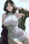  1girl arm_behind_head arm_support armpit_crease armpits artist_name bare_shoulders black_hair black_jacket black_sclera blue_background breasts colored_sclera covered_navel cowboy_shot cross_scar dress facial_mark forehead_mark four-pointed_star hand_in_own_hair highres jacket large_breasts looking_at_viewer medium_hair off_shoulder open_clothes open_jacket original parted_hair scar scar_on_face short_dress side_slit signature simple_background sleeveless sleeveless_dress solo star_(symbol) star_facial_mark tight_clothes tight_dress tomatoketchup96 turtleneck turtleneck_dress white_dress white_eyes wolf_cut 