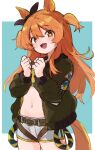  +_+ 1girl animal_ears black_ribbon blush brown_eyes clenched_hands commentary crop_top ear_ribbon english_commentary green_jacket horse_ears horse_girl horse_tail jacket jamir long_hair long_sleeves looking_at_viewer mayano_top_gun_(umamusume) midriff open_mouth orange_hair ribbon short_shorts shorts solo tail two_side_up umamusume 