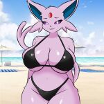  1:1 2025 anthro anthrofied big_breasts bikini bra breasts cleavage clothed clothing digital_media_(artwork) eeveelution espeon evaacii female fur generation_2_pokemon hi_res huge_breasts looking_at_viewer navel nintendo panties pokemon pokemon_(species) pokemorph portrait purple_body purple_fur purple_sclera smile solo standing swimwear tail thick_thighs three-quarter_portrait two-piece_swimsuit underwear white_eyes 