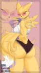 absurd_res anthro bandai_namco big_breasts big_butt blue_eyes breasts butt clothed clothing digi_(yourdigimongirl) digimon digimon_(species) eyewear female fur hi_res looking_back maximus_sun pupils renamon slit_pupils solo standing sunglasses tail yellow_body yellow_fur