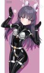  1girl @_@ absurdres arm_cuffs black_bodysuit black_hair blue_archive blush bodysuit breasts chain chastity_belt chastity_bra cuffs drop_shadow halo highres latex latex_bodysuit lock maguro27 miyu_(blue_archive) padlock red_eyes shiny_clothes skin_tight small_breasts solo spoken_blush 