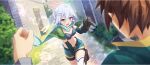  1boy 1girl alley aqua_scarf black_gloves blush boots breasts brown_boots brown_hair cape capelet chris_(konosuba) covering_crotch covering_privates day double-parted_bangs dutch_angle embarrassed game_cg gloves green_cape green_capelet grey_hair highres house kono_subarashii_sekai_ni_shukufuku_wo! konosuba!_fantastic_days navel non-circular_lens_flare official_art open_mouth outdoors purple_eyes satou_kazuma scar scar_on_cheek scar_on_face scarf short_hair shorts small_breasts sparkle stone_walkway thighhighs third-party_source town white_thighhighs 