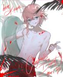  1boy :p blood blood_on_body blood_on_face blood_splatter cowboy_shot crossed_bangs fern green_eyes hair_over_shoulder highres holding holding_swim_ring holding_syringe indie_virtual_youtuber innertube male_focus no_shirt pectorals pink_hair red_shorts short_hair shorts solo swim_ring syringe toned toned_male tongue tongue_out v yoimon yume_kuzukawa 