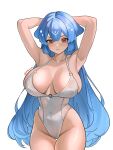  1girl armpits bao_(vtuber) blue_hair blush breasts closed_mouth commentary covered_navel cowboy_shot english_commentary groin hair_between_eyes hands_up highres huge_breasts indie_virtual_youtuber long_hair looking_at_viewer nekoirischu one-piece_swimsuit red_eyes simple_background skin_tight solo spaghetti_strap swimsuit thighs very_long_hair virtual_youtuber white_background white_one-piece_swimsuit 