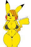  anthro anthrofied big_breasts bikini breasts cleavage clothed clothing covered_breasts female hi_res holding_breast huge_breasts mature_anthro mature_female nintendo nuwa_nightstone_(artist) pikachu pok&eacute;mon pok&eacute;mon_(species) simple_background solo swimwear video_games white_background wide_hips 
