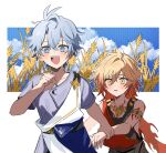  2boys antenna_hair arm_tattoo armlet black_shirt blonde_hair blue_eyes blue_sky blush braid chest_tattoo commentary_request facial_tattoo gold_necklace gradient_hair grey_shirt hadanugi_dousa hair_between_eyes highres holding_another&#039;s_wrist honkai:_star_rail honkai_(series) jewelry male_focus medium_hair multicolored_hair multiple_boys mydei_(a_trail_of_bygone_blood)_(honkai:_star_rail) mydei_(honkai:_star_rail) necklace ni_nt0 official_alternate_costume parted_bangs phainon_(a_dream_scented_in_wheat)_(honkai:_star_rail) phainon_(honkai:_star_rail) red_hair red_tattoo shirt short_hair side_braid sky sleeveless sleeveless_shirt tattoo wheat_field white_hair 