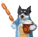 2022 ambiguous_gender atr111um australian_cattle_dog bandit_heeler beer_mug black_body black_fur black_nose blue_body blue_eyebrows blue_fur bluey_(series) brown_eyes canid canine canis cattledog digital_media_(artwork) digital_painting_(artwork) domestic_dog eyebrows feral food fur half-length_portrait herding_dog holding_beer holding_beer_mug mammal meat painting_(artwork) pastoral_dog paws pointy_ears portrait prick_ears sausage sausage_link semi-anthro shaded simple_background solo tan_body tan_fur white_background