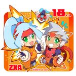  1boy 1girl anniversary ashe_(mega_man) biometal blue_hair border chibi copyright_name dark-skinned_male dark_skin dated explosion facial_mark forehead_mark green_eyes grey_(mega_man) grey_hair high_ponytail jacket long_hair mega_man_(series) mega_man_zx mega_man_zx_advent model_a_(mega_man) orange_background orange_jacket ponytail robot_ears scar scar_on_face simple_background teto_(y3832) white_border 