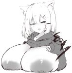 accessory animal_humanoid bedroom_eyes big_breasts blush blush_lines breasts cat_humanoid clothed clothing clothing_lift cute_fangs exposed_breasts fangs felid felid_humanoid feline feline_humanoid female fox4_19 hair hair_accessory hand_on_breast hi_res huge_breasts humanoid inverted_nipples mammal mammal_humanoid monochrome narrowed_eyes nipples open_mouth open_smile seductive shirt shirt_lift short_hair signature simple_background smile smiling_at_viewer solo sweater teeth text topwear