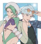  2boys adjusting_eyewear arm_up bare_shoulders black_shirt blue_eyes blue_hair blue_shirt border clothing_cutout cloud collarbone collared_shirt commentary_request covered_collarbone crew_neck crop_top fingernails green_eyes green_hair hair_behind_ear hat highres jewelry linea_alba looking_at_viewer lower_teeth_only male_focus multiple_boys necklace open_clothes open_mouth open_shirt orange-tinted_eyewear outside_border parted_bangs pokemon pokemon_oras popped_collar print_shirt rimless_eyewear see-through_clothes shirt short_hair sinm_i sky steven_stone summer sun sunglasses sweat t-shirt teeth tight_clothes tinted_eyewear upper_body wallace_(pokemon) white_border white_hat wing_collar 