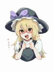  1girl :d black_hat black_vest blonde_hair blush bow braid clenched_hands commentary_request cookie_(touhou) frilled_hat frills glasses hair_bow hat kirisame_marisa long_hair looking_at_viewer niu_42 open_mouth puffy_short_sleeves puffy_sleeves purple_bow red-framed_eyewear shirt short_sleeves side_braid simple_background single_braid smile solo teeth touhou translation_request turtleneck turtleneck_shirt upper_body upper_teeth_only uzuki_(cookie) v-shaped_eyebrows vest white_background white_shirt witch_hat yellow_eyes 