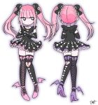  1girl black_bow black_dress black_eyes black_gloves blunt_bangs bow bow_choker choker closed_mouth dress earrings elbow_gloves ezaki_bisuko frilled_bow frilled_dress frills from_behind gloves high_heels highres jewelry jitome light_blush long_hair looking_to_the_side menhera-chan_(ezaki_bisuko) menhera-chan_(ezaki_bisuko)_(character) multiple_views outer_glow purple_choker sidelocks signature simple_background solo thighhighs twintails white_background 