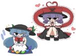  2girls black_bow black_hat black_skirt blue_eyes blue_hair blue_skirt bow bowtie capelet commentary_request frilled_capelet frilled_shawl frills hat hat_bow hat_ornament heart heart_hands hinanawi_tenshi index_finger_raised kuuinusuki leaf_hat_ornament long_hair looking_at_viewer multiple_girls nagae_iku one_eye_closed open_mouth peach_hat_ornament purple_hair rainbow_order red_bow red_bowtie red_eyes shawl shirt short_hair simple_background skirt touhou translation_request v-shaped_eyebrows white_background white_shirt 