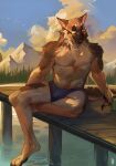  2022 aniel anthro athletic athletic_anthro athletic_male avian bird brown_body brown_fur bulge canid canine canis claws clothing cloud container cup digital_media_(artwork) domestic_dog eyes_closed eyewear feet finger_claws fur german_shepherd glasses herding_dog hi_res holding_container holding_cup holding_mug holding_object male mammal mountain mug mystikfox61 nature nature_background neck_tuft outside pastoral_dog pawpads paws pier plant pointy_ears prick_ears signature sitting sky solo swimwear swimwear_only tail tan_body tan_fur tree tuft water wearing_glasses 