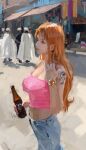 1girl beer_bottle bottle denim fuyumurasaki holding holding_bottle jeans log_pose long_hair market midriff nami_(one_piece) one_piece orange_hair pants pink_shirt robe shirt shoulder_tattoo tattoo white_robe 