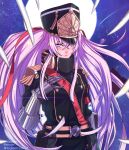  1girl absurdres altair_(re:creators) artist_name belt black_headwear breasts floating_hair gloves hair_between_eyes hand_on_own_chest hat highres looking_to_the_side medium_breasts metal_gloves mika_vas moon purple_eyes purple_hair re:creators smile solo twintails uniform 