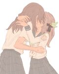  2girls artist_name back black_bow blush bow bowtie buttons closed_eyes cowboy_shot english_commentary firefly_(honkai:_star_rail) firefly_(spring_missive)_(honkai:_star_rail) floral_print green_bow green_bowtie grey_hair grey_skirt hair_bow hair_ornament honkai:_star_rail honkai_(series) hug kiss korshokor leaf_hair_ornament long_hair long_sleeves multiple_girls official_alternate_costume plaid_clothes plaid_skirt puffy_long_sleeves puffy_sleeves sailor_collar shirt short_sleeves simple_background skirt standing stelle_(honkai:_star_rail) sweat trailblazer_(honkai:_star_rail) white_background white_shirt yuri 