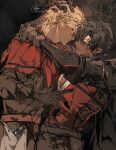  2boys after_kiss armor beard_stubble belt black_belt black_cape black_gloves black_hair black_pants black_shirt blonde_hair brothers brown_belt cape clive_rosfield cloak cross-laced_clothes english_text eye_contact facial_hair final_fantasy final_fantasy_xvi gauntlets gloves gyulseu hair_behind_ear hand_in_another&#039;s_hair highres incest joshua_rosfield long_sleeves looking_at_another male_focus multiple_boys open_mouth pants parted_bangs parted_hair red_cloak red_shirt saliva saliva_trail shirt siblings speech_bubble standing stubble teeth yaoi 