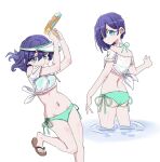  1girl alternate_costume aqua_eyes arms_up ass bare_arms bare_legs bare_shoulders bikini cropped_shirt dalidari27 flip-flops food food_in_mouth green_bikini groin hair_between_eyes haraga_kurumi highres kimi_no_koto_ga_dai_dai_dai_dai_daisuki_na_100-nin_no_kanojo looking_at_viewer midriff mouth_hold multiple_views navel off-shoulder_shirt off_shoulder popsicle popsicle_in_mouth purple_hair ripples sandals shirt short_hair short_sleeves side-tie_bikini_bottom simple_background sketch swimsuit tied_shirt visor_cap wading water water_gun white_background white_shirt 