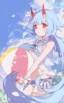  1girl absurdres ball bare_shoulders beachball bikini bilibalakonglijiwa blue_archive blue_bikini blue_hair blue_halo blue_sky bubble chise_(blue_archive) chise_(swimsuit)_(blue_archive) cloud cloudy_sky commentary_request demon_horns halo highres holding holding_ball holding_beachball horns long_hair looking_at_viewer official_alternate_costume red_eyes side-tie_bikini_bottom skin-covered_horns sky solo standing striped_bikini striped_clothes swimsuit very_long_hair 