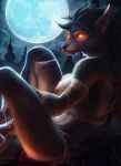  anthro blizzard_entertainment breasts canid clothing female glowing glowing_eyes grey_hair hair light looking_at_viewer m1ken mammal moon moonlight nipples np4tch orange_eyes pink_nipples pose sitting solo torn_clothing video_games warcraft were werecanid worgen 