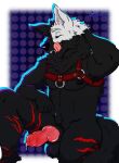  animal_genitalia anthro azki_(azki_wolf) bedroom_eyes black_body black_fur bodily_fluids canid canine canine_genitalia canis claws fur genital_fluids genitals gesture hand_gesture harness knot licking licking_lips looking_at_viewer male mammal narrowed_eyes nipples ollofur penis pointing pointing_at_penis precum red_stripes seductive simple_background solo stripes teeth tongue tongue_out white_body white_fur wolf yellow_eyes 