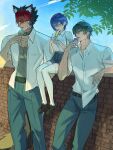  1girl 2boys absurdres alternate_costume animal_ear_fluff animal_ears belle_(zenless_zone_zero) belt black_hair blue_hair breast_pocket collar day dog_ears food hair_between_eyes hair_over_one_eye hand_in_pocket hand_up height_difference highres holding holding_food holding_ice_cream holding_popsicle ice_cream ice_cream_cone jewelry komano_manato leaning_back leaning_on_object light_smile lighter_(zenless_zone_zero) manto_art miniskirt multiple_boys necklace open_clothes open_shirt outdoors pants pendant pocket popsicle red_hair scar scar_across_eye scar_on_face shirt shirt_partially_tucked_in shirt_tucked_in short_hair short_sleeves sitting skirt standing summer thighhighs toned toned_male tongue tongue_out undershirt white_shirt white_thighhighs zenless_zone_zero zettai_ryouiki 